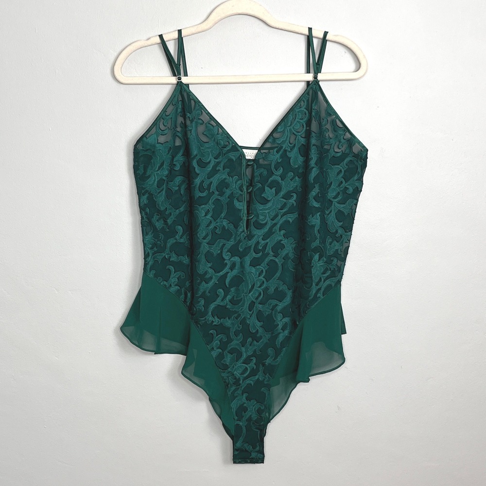 Vintage Cacique Teddy Bodysuit Lingerie Emerald Green Lace Sheer Ruffle Size L